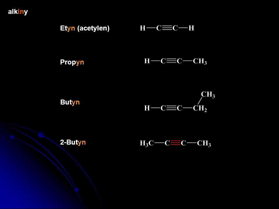 alkiny Etyn (acetylen) Propyn Butyn 2-Butyn