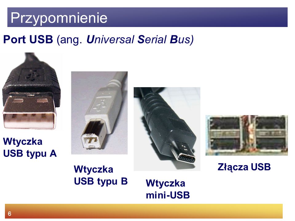 Przypomnienie Port USB (ang. Universal Serial Bus) Wtyczka USB typu A