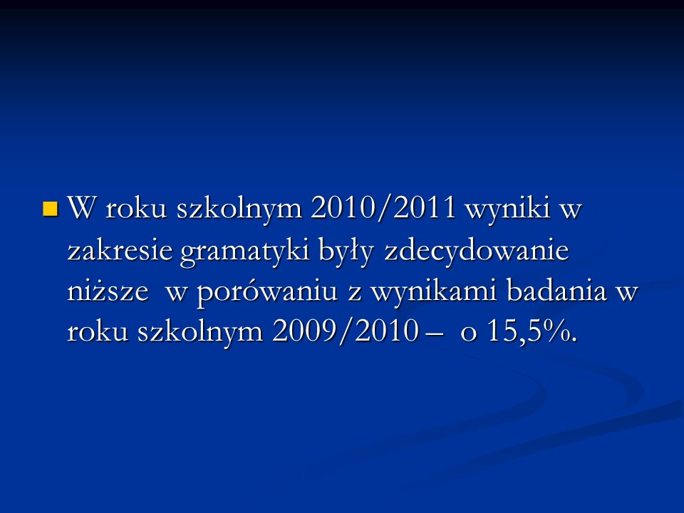 W roku szkolnym 2010/2011 wyniki w zakresie gramatyki były zdecydowanie niższe w porówaniu z wynikami badania w roku szkolnym 2009/2010 – o 15,5%.