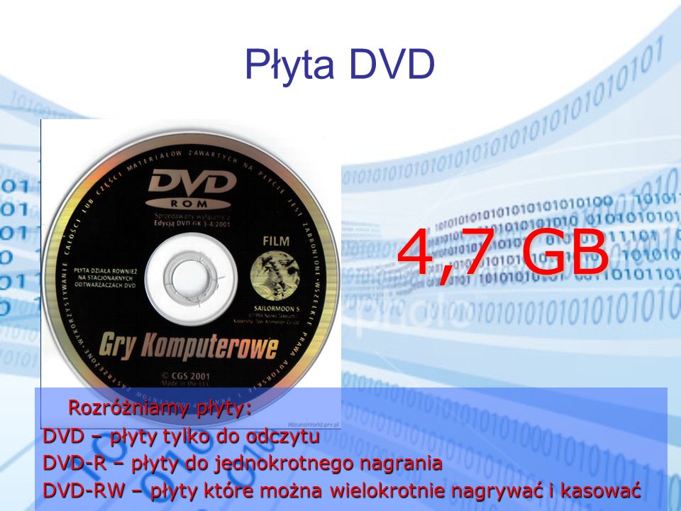 4,7 GB Płyta DVD Rozróżniamy płyty: DVD – płyty tylko do odczytu