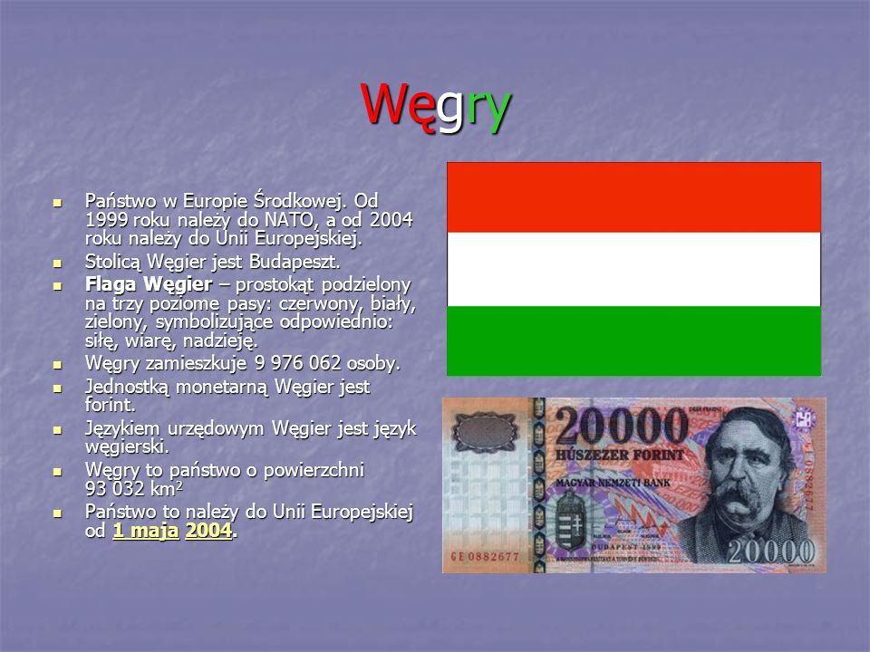 Węgry Państwo w Europie Środkowej. Od 1999 roku należy do NATO, a od 2004 roku należy do Unii Europejskiej.