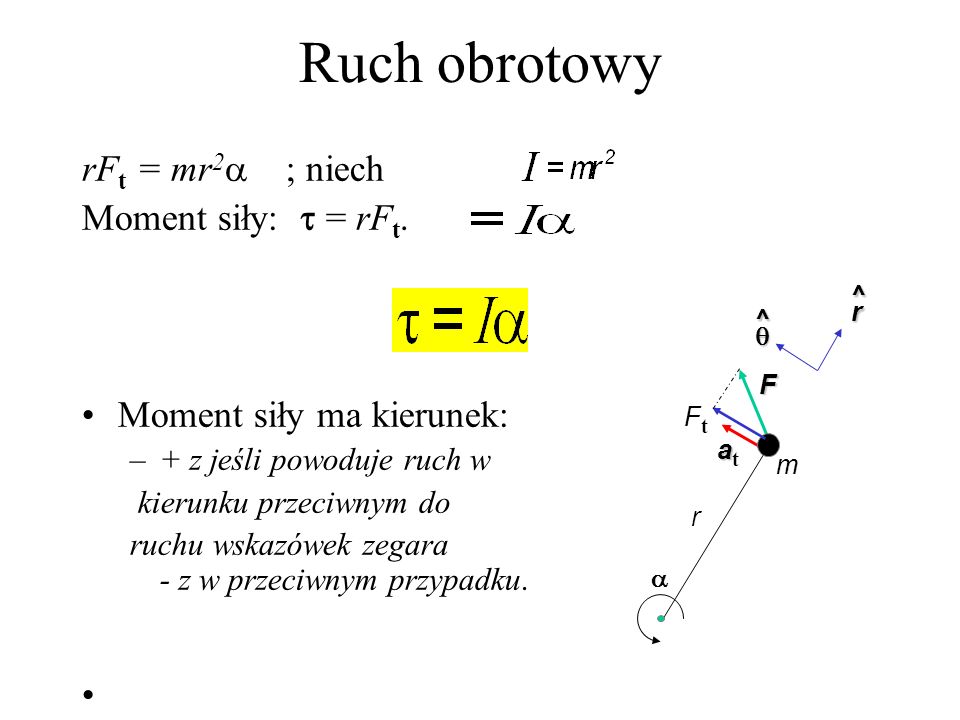 Ruch obrotowy rFt = mr2 ; niech Moment siły:  = rFt.