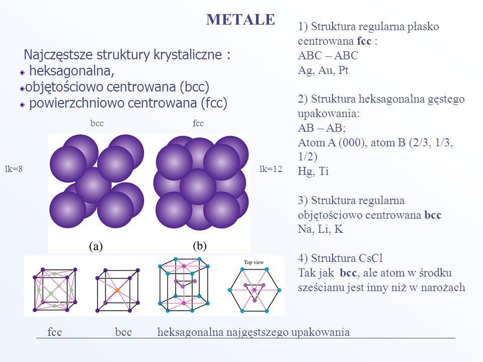 METALE Najczęstsze struktury krystaliczne : heksagonalna,
