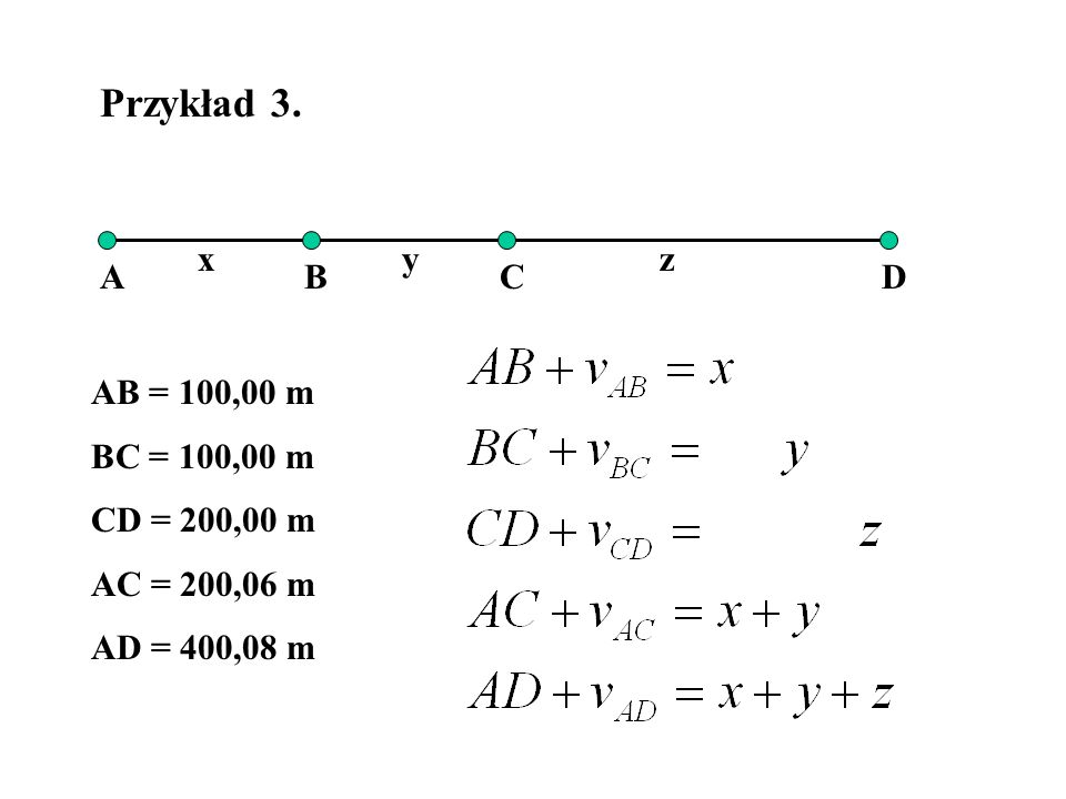 Przykład 3. x y z A B C D AB = 100,00 m BC = 100,00 m CD = 200,00 m