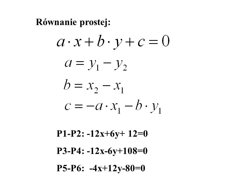 Równanie prostej: P1-P2: -12x+6y+ 12=0 P3-P4: -12x-6y+108=0 P5-P6: -4x+12y-80=0