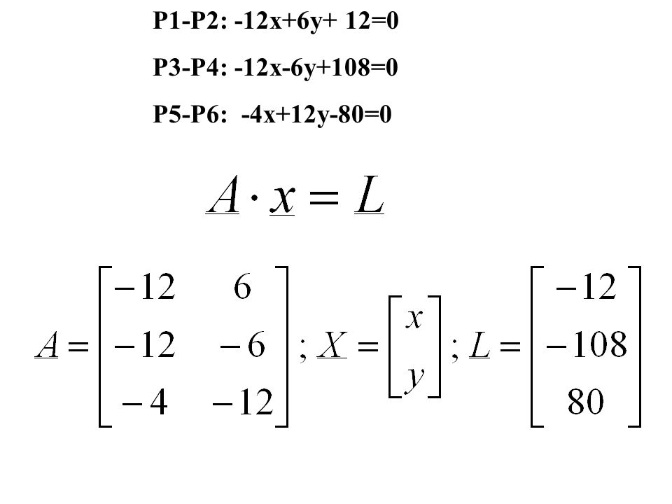 P1-P2: -12x+6y+ 12=0 P3-P4: -12x-6y+108=0 P5-P6: -4x+12y-80=0