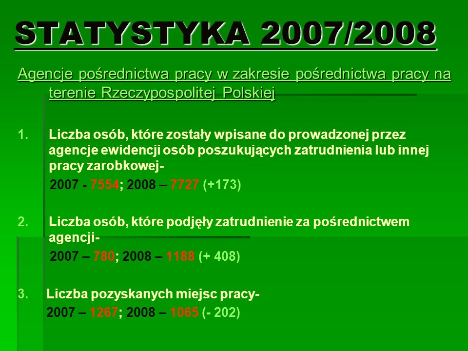 STATYSTYKA 2007/2008 Agencje pośrednictwa pracy w zakresie pośrednictwa pracy na terenie Rzeczypospolitej Polskiej.