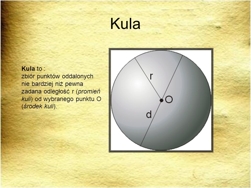 Kula Kula to : zbiór punktów oddalonych nie bardziej niż pewna zadana odległość r (promień kuli) od wybranego punktu O (środek kuli).