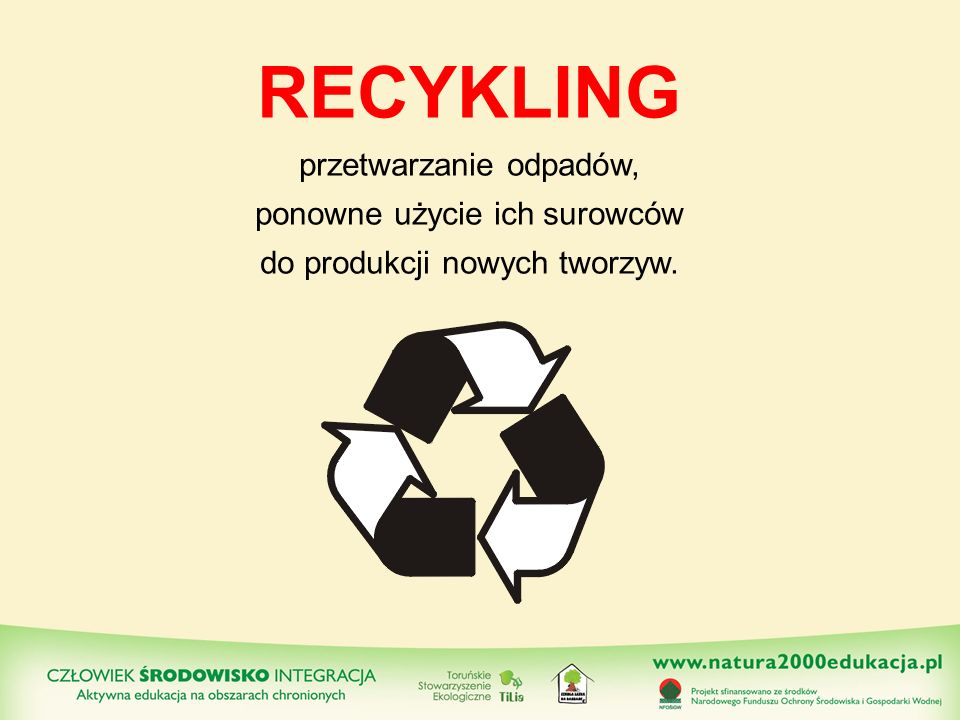 RECYKLING przetwarzanie odpadów, ponowne użycie ich surowców
