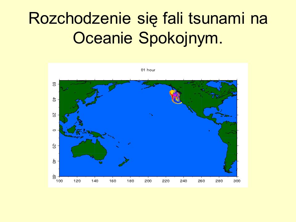 Rozchodzenie się fali tsunami na Oceanie Spokojnym.