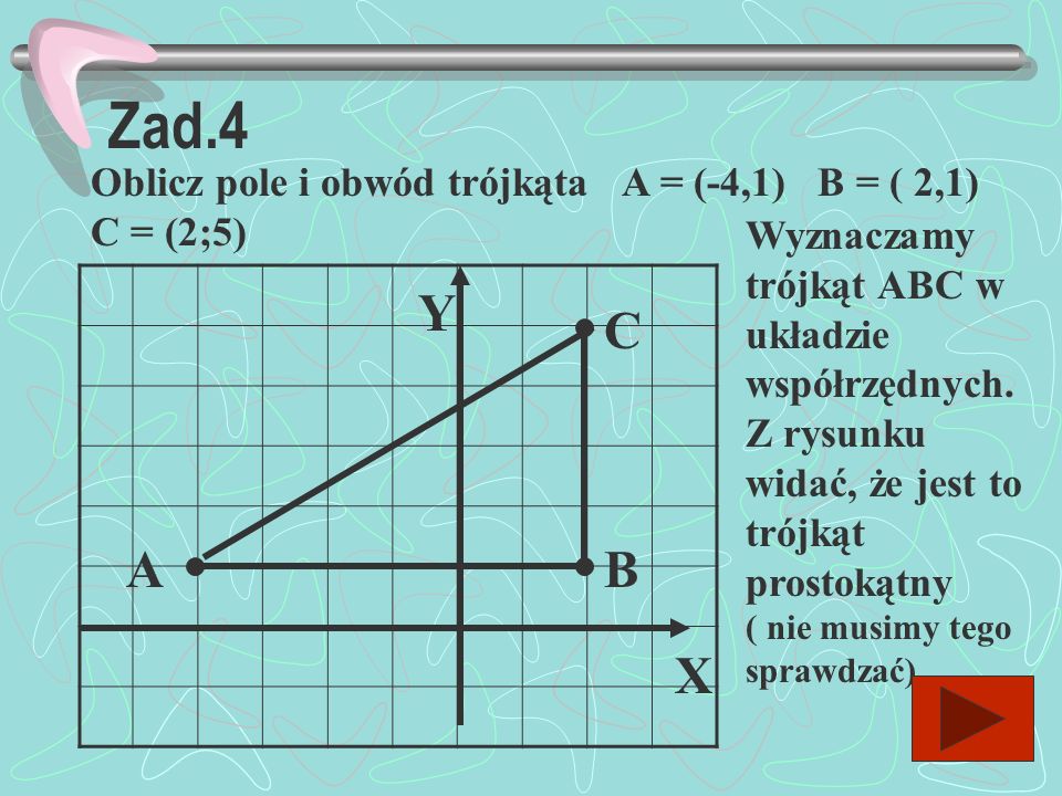 Zad.4 Oblicz pole i obwód trójkąta A = (-4,1) B = ( 2,1) C = (2;5)