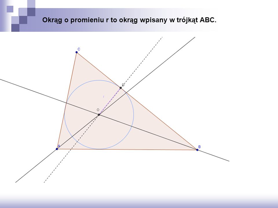 Okrąg o promieniu r to okrąg wpisany w trójkąt ABC.