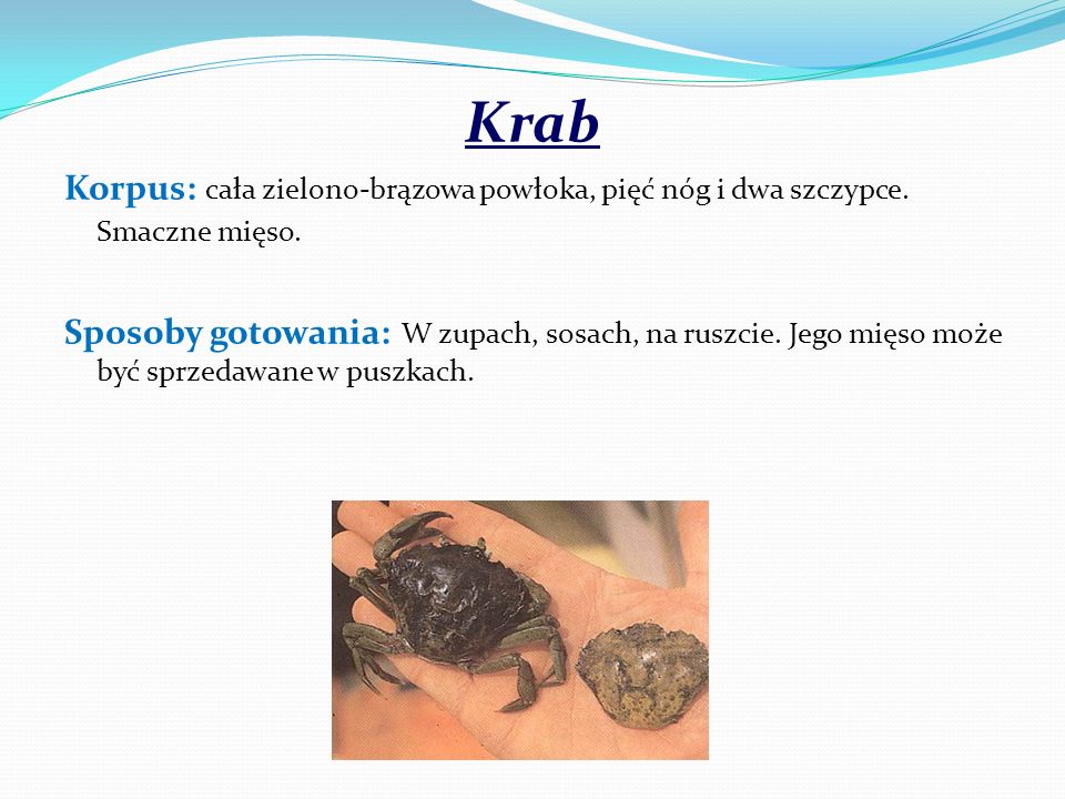 Krab Korpus: cała zielono-brązowa powłoka, pięć nóg i dwa szczypce. Smaczne mięso.