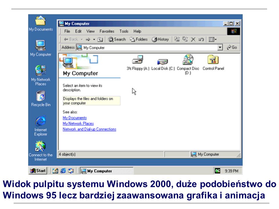 Widok pulpitu systemu Windows 2000, duże podobieństwo do Windows 95 lecz bardziej zaawansowana grafika i animacja