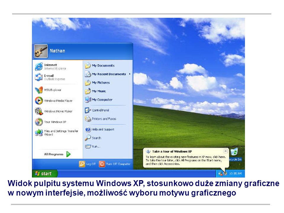 Widok pulpitu systemu Windows XP, stosunkowo duże zmiany graficzne w nowym interfejsie, możliwość wyboru motywu graficznego