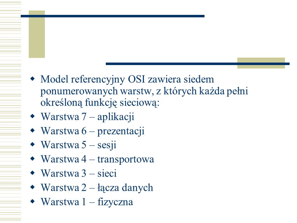 Model referencyjny OSI zawiera siedem ponumerowanych warstw, z których każda pełni określoną funkcję sieciową: