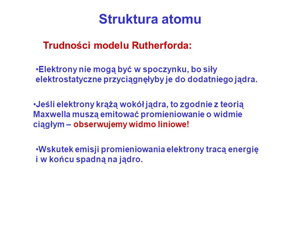 Struktura atomu Trudności modelu Rutherforda: