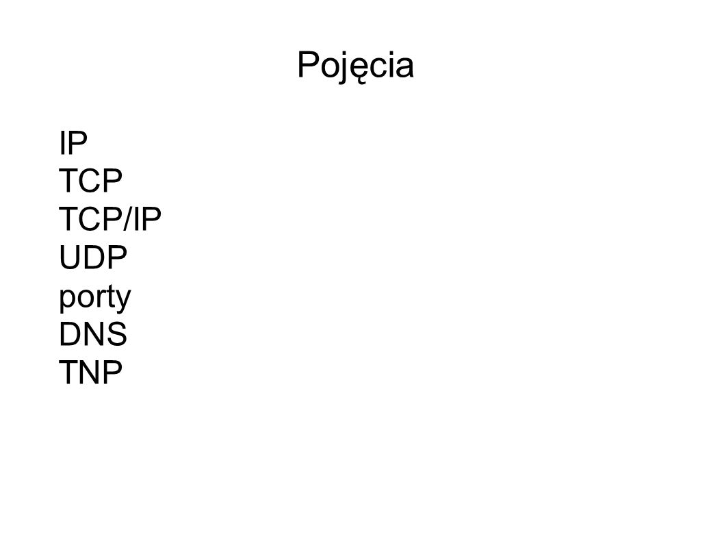 Pojęcia IP TCP TCP/IP UDP porty DNS TNP