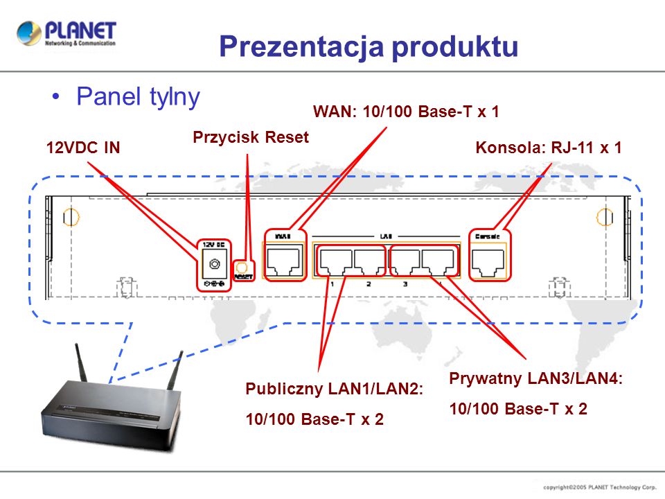 Prezentacja produktu Panel tylny WAN: 10/100 Base-T x 1 Przycisk Reset