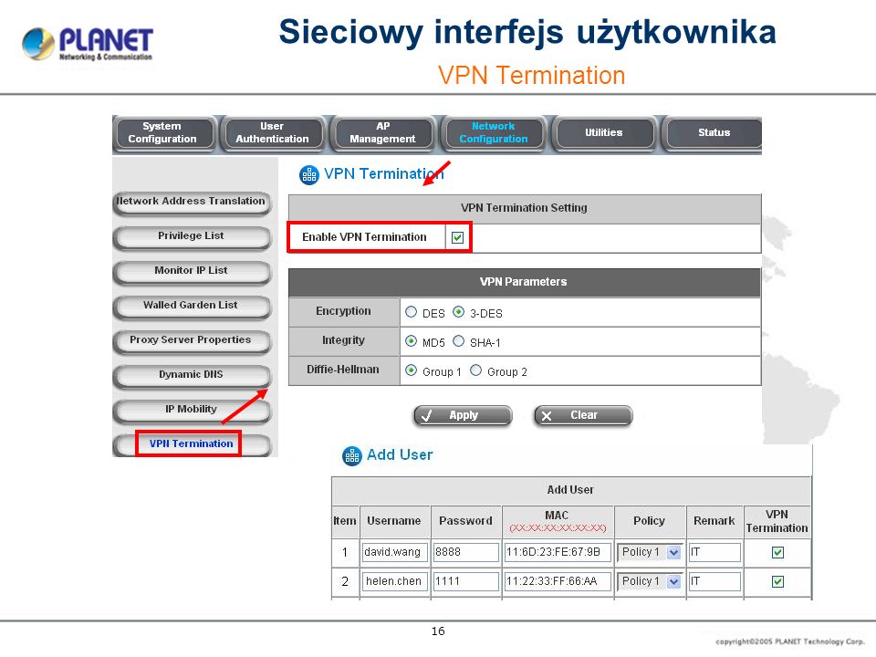 Sieciowy interfejs użytkownika VPN Termination