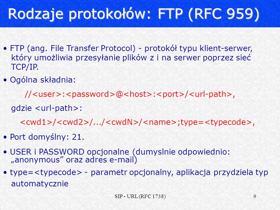 Rodzaje protokołów: FTP (RFC 959)
