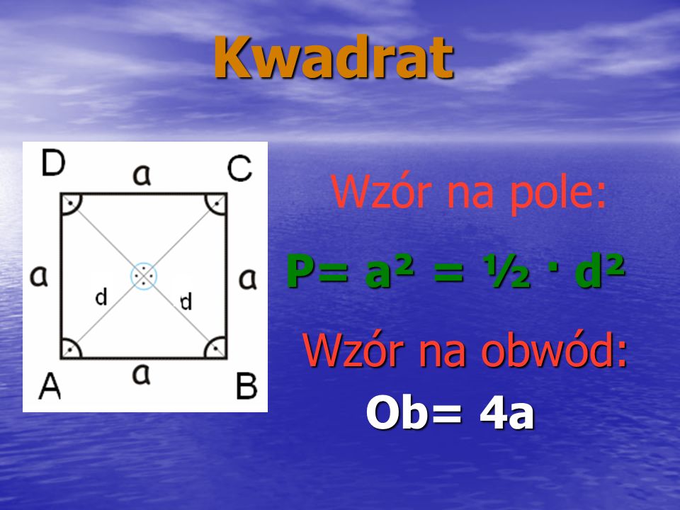 Kwadrat Wzór na pole: P= a² = ½ · d² Wzór na obwód: Ob= 4a