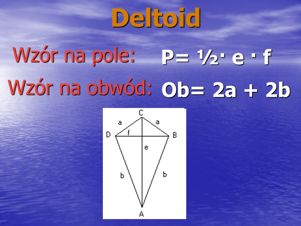 Deltoid Wzór na pole: P= ½· e · f Wzór na obwód: Ob= 2a + 2b