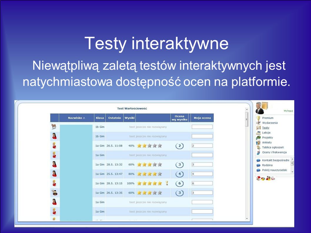 Testy interaktywne Niewątpliwą zaletą testów interaktywnych jest natychmiastowa dostępność ocen na platformie.