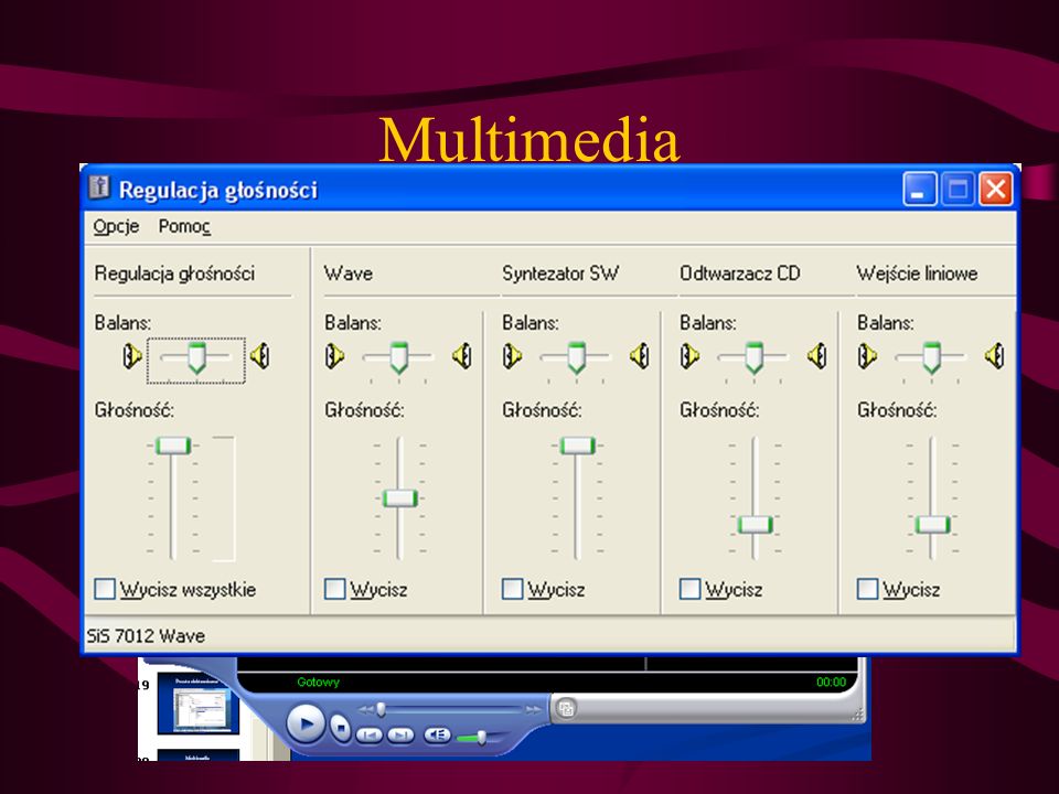 Multimedia Odtwarzanie filmów, muzyki także w formacie MP3 (od windows XP)– Windows Media Player (filmy bez napisów)