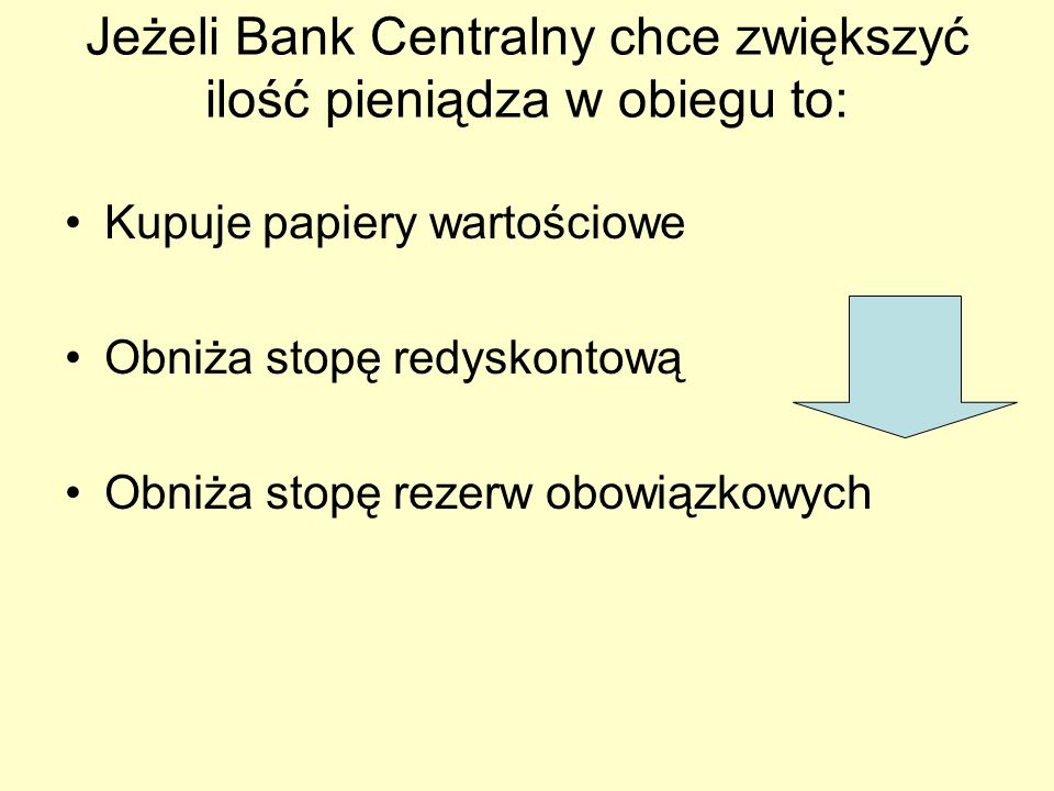 Jeżeli Bank Centralny chce zwiększyć ilość pieniądza w obiegu to:
