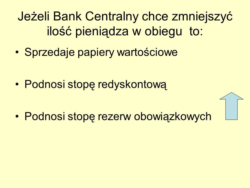 Jeżeli Bank Centralny chce zmniejszyć ilość pieniądza w obiegu to: