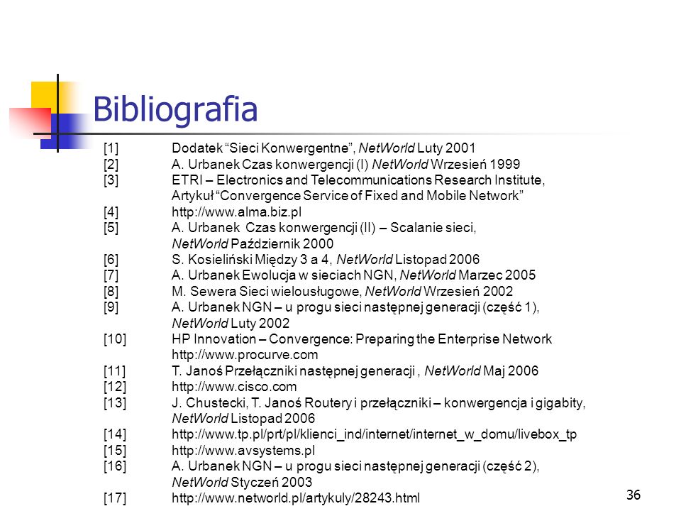 Bibliografia [1] Dodatek Sieci Konwergentne , NetWorld Luty 2001