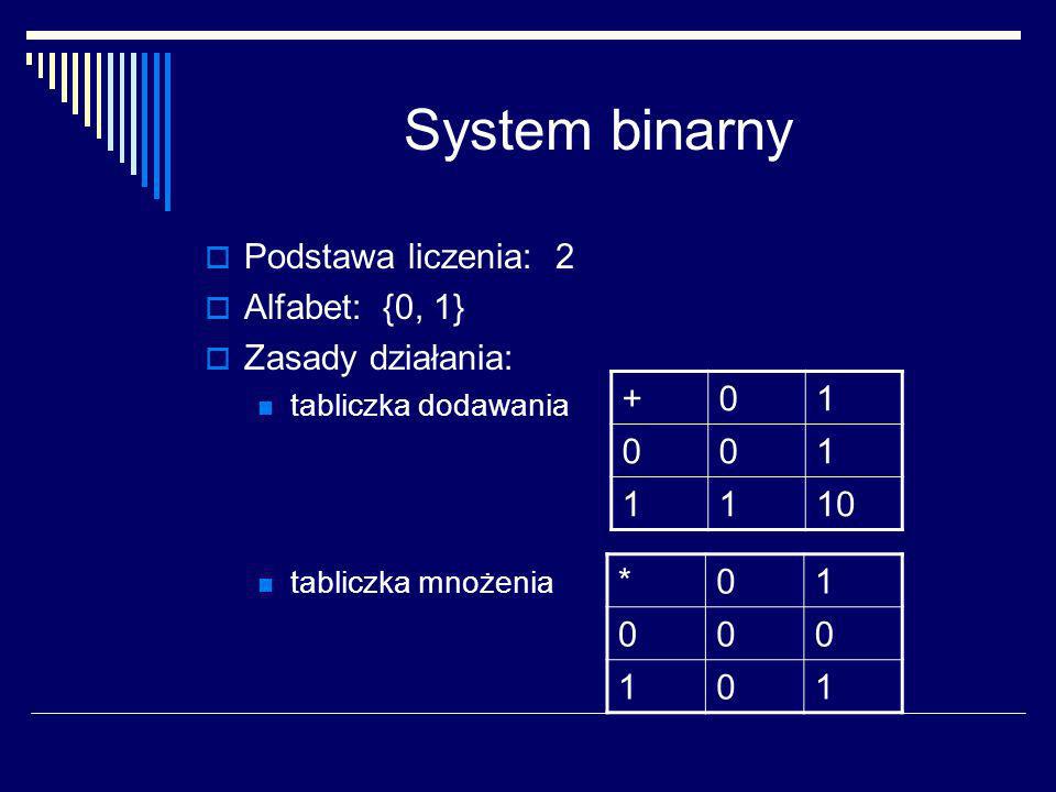 System binarny Podstawa liczenia: 2 Alfabet: {0, 1} Zasady działania: