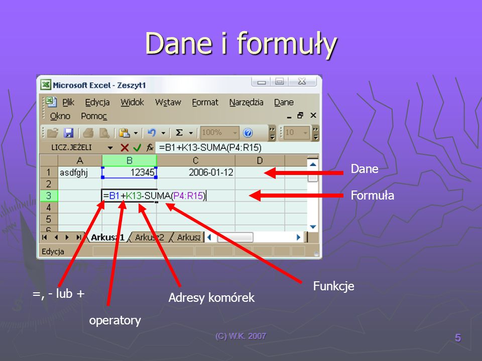 Dane i formuły Dane Formuła Funkcje =, - lub + Adresy komórek