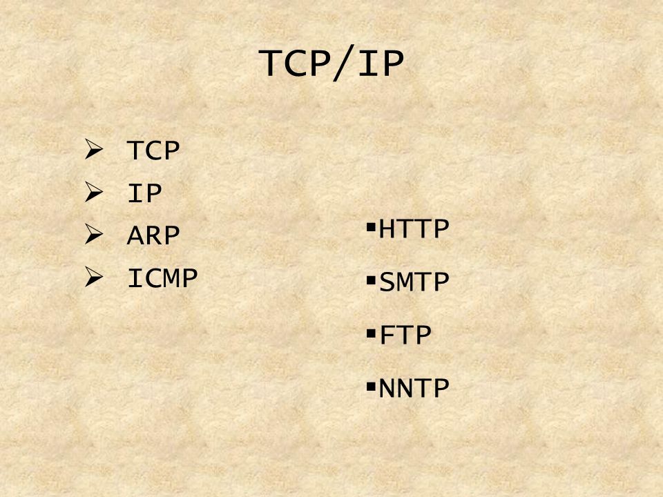 TCP/IP TCP IP ARP ICMP HTTP SMTP FTP NNTP