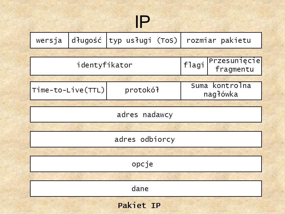 IP Pakiet IP wersja długość typ usługi (ToS) rozmiar pakietu