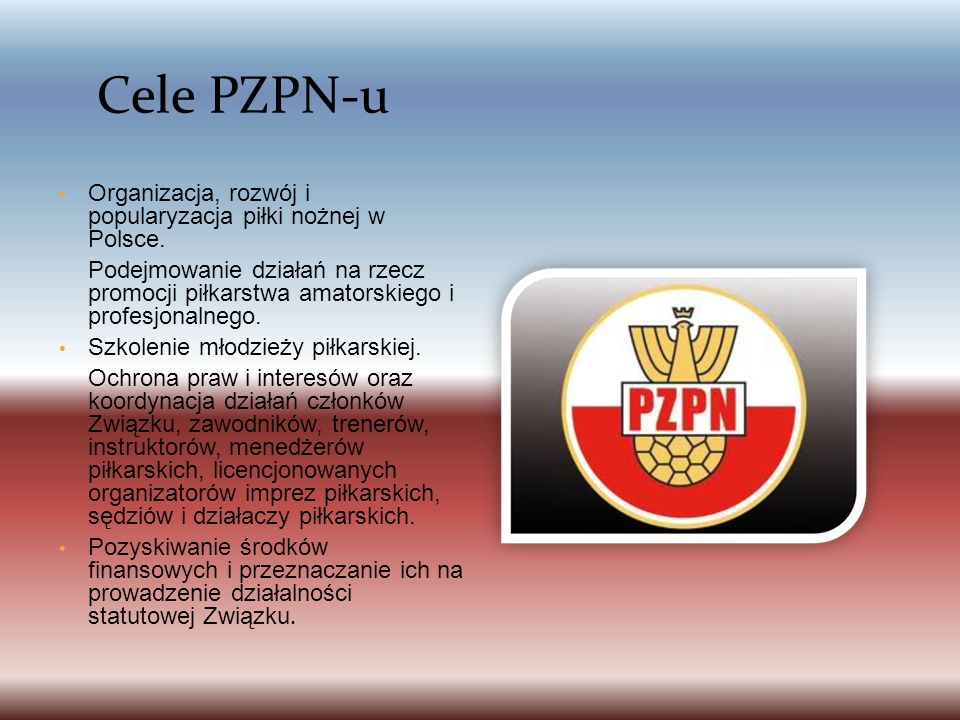 Cele PZPN-u Organizacja, rozwój i popularyzacja piłki nożnej w Polsce.