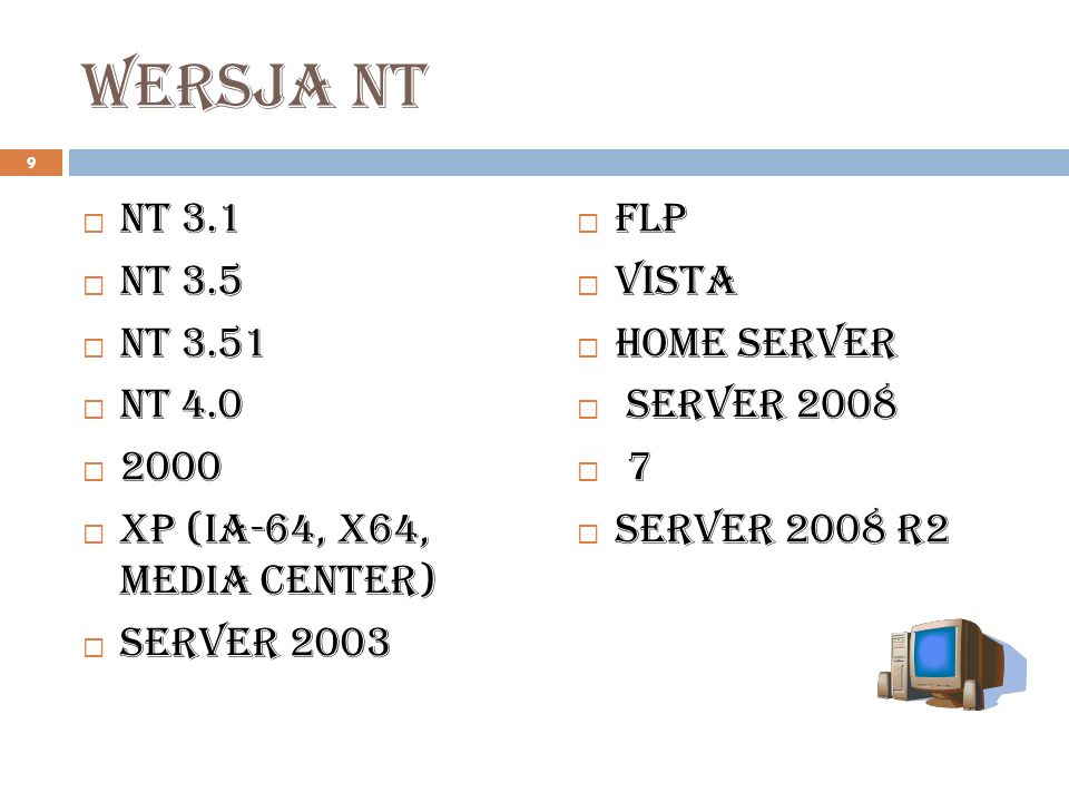 Wersja nt NT 3.1. NT 3.5. NT NT XP (IA-64, x64, Media Center) Server FLP.