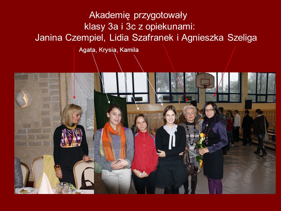 Akademię przygotowały klasy 3a i 3c z opiekunami: Janina Czempiel, Lidia Szafranek i Agnieszka Szeliga Agata, Krysia, Kamila