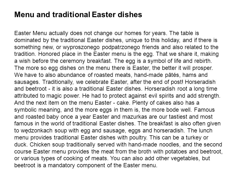 Menu and traditional Easter dishes