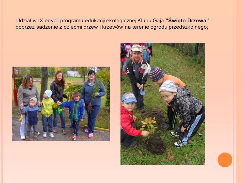 Udział w IX edycji programu edukacji ekologicznej Klubu Gaja Święto Drzewa poprzez sadzenie z dziećmi drzew i krzewów na terenie ogrodu przedszkolnego;
