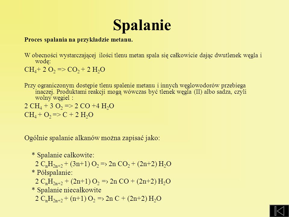 Spalanie CH4+ 2 O2 => CO2 + 2 H2O 2 CH4 + 3 O2 => 2 CO +4 H2O