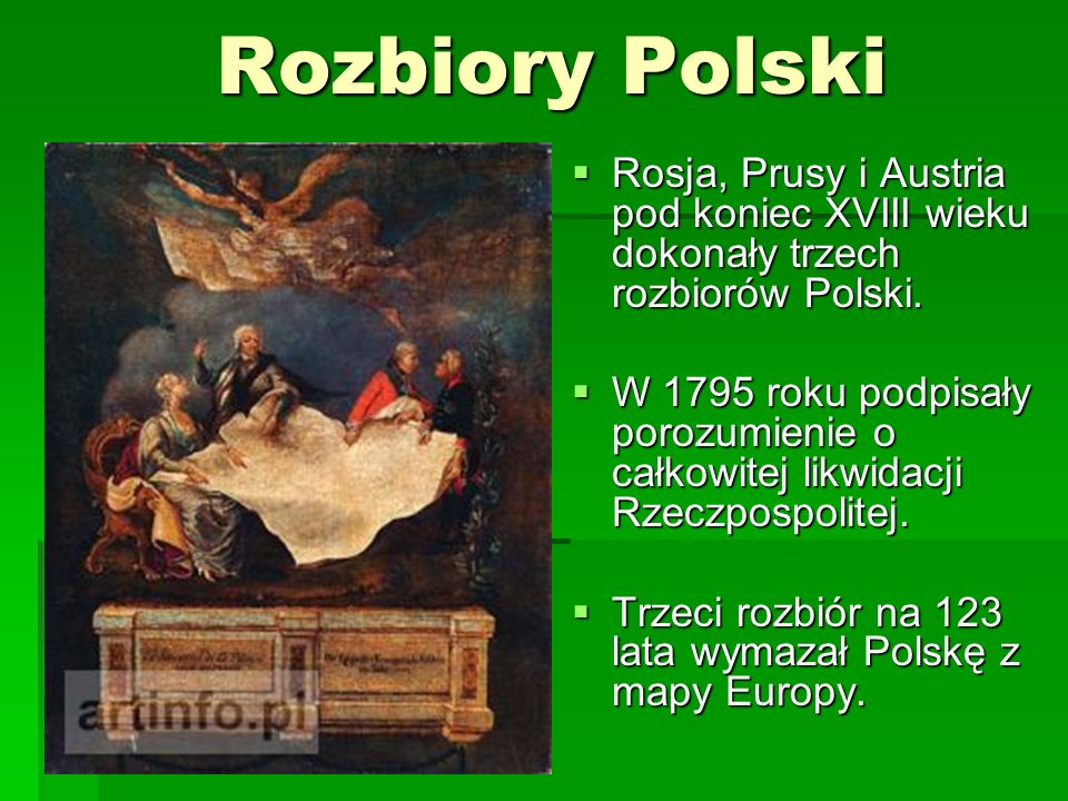 Rozbiory Polski Rosja, Prusy i Austria pod koniec XVIII wieku dokonały trzech rozbiorów Polski.