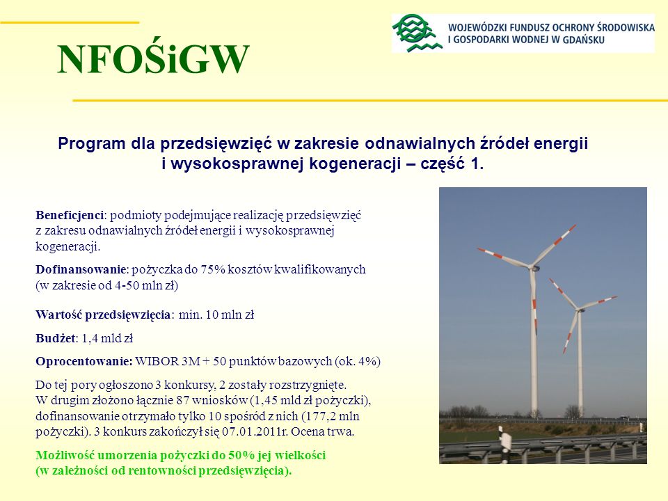 NFOŚiGW Program dla przedsięwzięć w zakresie odnawialnych źródeł energii i wysokosprawnej kogeneracji – część 1.