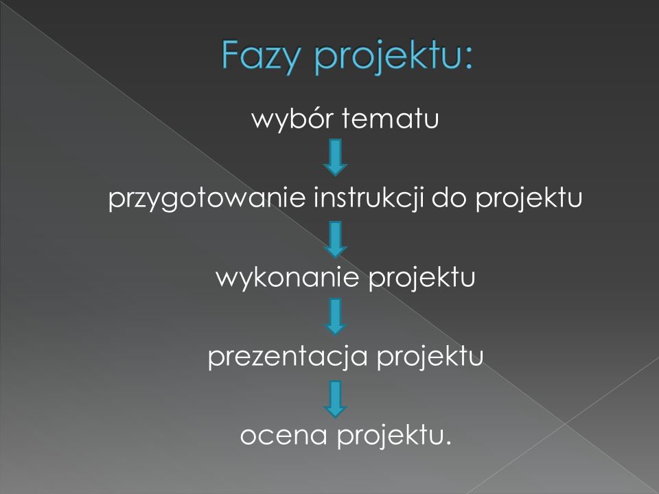 Fazy projektu: wybór tematu przygotowanie instrukcji do projektu wykonanie projektu prezentacja projektu ocena projektu.