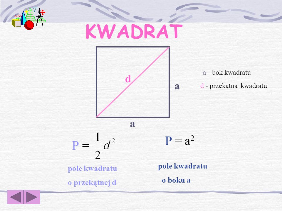 KWADRAT P = a2 P = d a d - przekątna kwadratu a - bok kwadratu