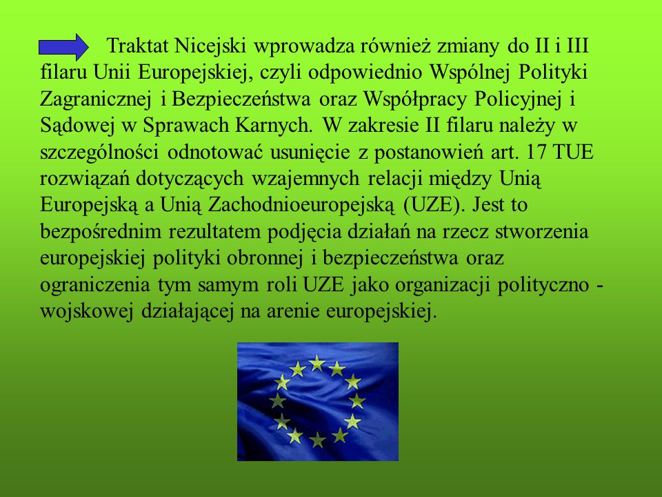 Traktat Nicejski wprowadza również zmiany do II i III filaru Unii Europejskiej, czyli odpowiednio Wspólnej Polityki Zagranicznej i Bezpieczeństwa oraz Współpracy Policyjnej i Sądowej w Sprawach Karnych.