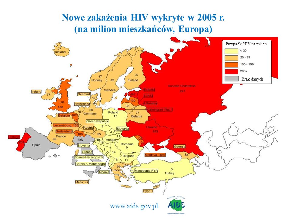 Nowe zakażenia HIV wykryte w 2005 r. (na milion mieszkańców, Europa)