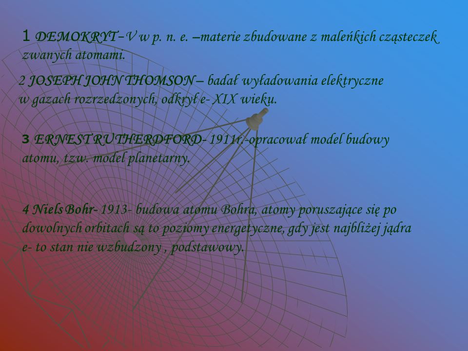 1 DEMOKRYT –V w p. n. e. –materie zbudowane z maleńkich cząsteczek zwanych atomami.