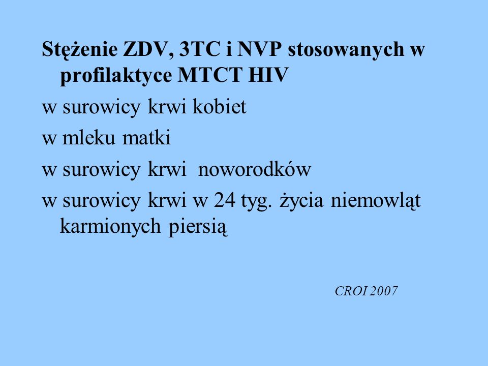 Stężenie ZDV, 3TC i NVP stosowanych w profilaktyce MTCT HIV